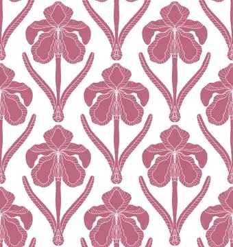 Iris. Seamless floral pattern with stylized decorative flowers and leaves in  Illustrazione stock