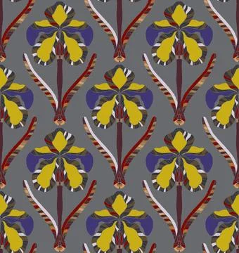 Iris. Seamless floral pattern with stylized decorative flowers and leaves in  Stock-Illustration