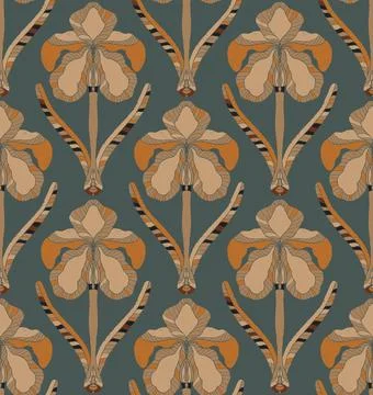 Iris. Seamless floral pattern with stylized decorative flowers and leaves in  Stock Illustration