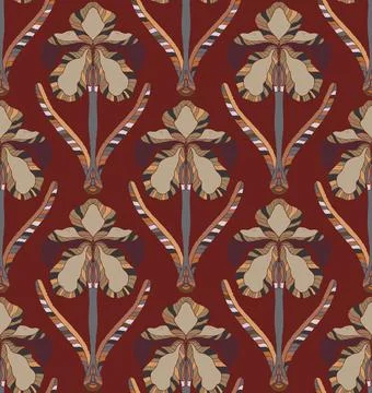 Iris. Seamless floral pattern with stylized decorative flowers and leaves in  Stock Illustration