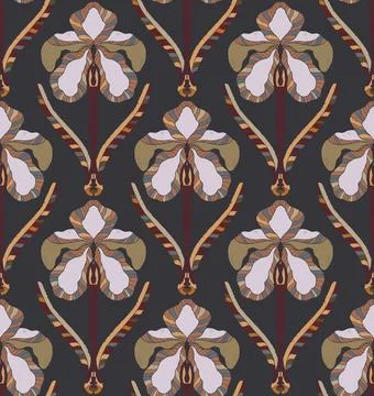 Iris. Seamless floral pattern with stylized decorative flowers and leaves in  Stock Illustration