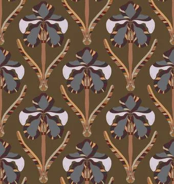 Iris. Seamless floral pattern with stylized decorative flowers and leaves in  Stock Illustration