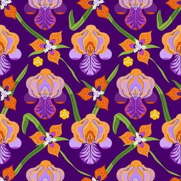 Iris seamless pattern with flower bud and leaves on purple background Stock Illustration