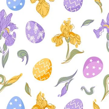 Irises and Easter eggs. Bright seamless pattern. Delicate spring flowers. For Stock Illustration