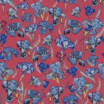 Irises flowers. Vector illustration, seamless pattern based on the oil painti Stock Illustration