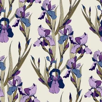 Irises flowers vector seamless pattern Stock Illustration