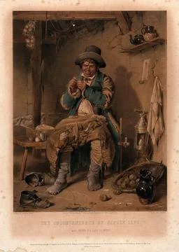 An Irish bachelor sits threading a needle to mend his ragged clothes. Litho.. Stock Illustration