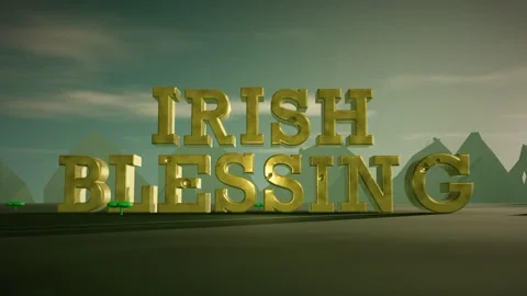 Irish Blessing Gold 3D Letters with Shamrocks on Misty Emerald Irish Hills at 스톡 동영상 343023152