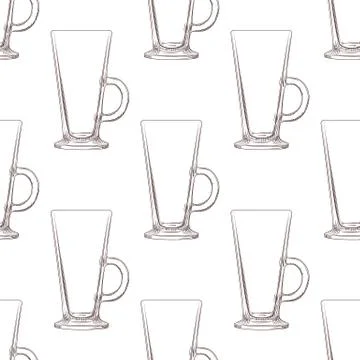Irish Coffee mug seamless pattern. Hand drawn glassware cup background. Stock Illustration