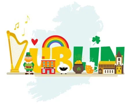 Irish concept background. Set of illustrations of Irish drinks, costumes, tra Stock Illustration