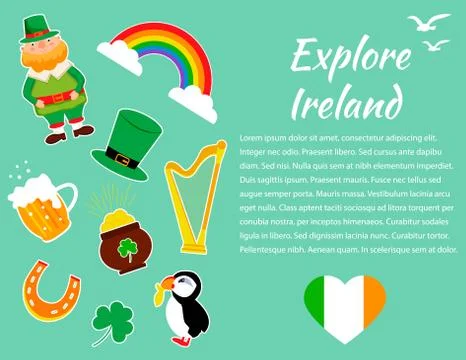 Irish concept background. Set of illustrations of Irish drinks, costumes, tra Stock Illustration