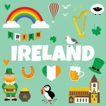 Irish concept background. Set of illustrations of Irish drinks, costumes, tra Stock Illustration