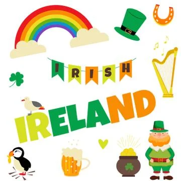 Irish concept background. Set of illustrations of Irish drinks, costumes, tra Stock Illustration