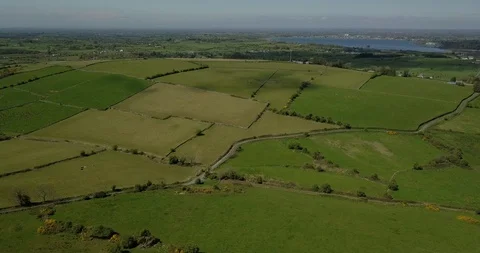 Irish countryside fields with lake in background (Drone) Stock Footage 114942253