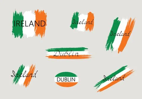 Irish flag set Brush stroked with handwritten lettering Ireland and Dublin. Stock Illustration