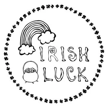 Irish Luck Logo with Rainbow and Pot of Gold. In Circle frame of clover. Outl Stock Illustration