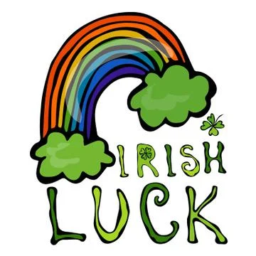 Irish Luck Logo with Rainbow and Clover. t. Patrick Day. Savoyar Doodle Style Stock Illustration