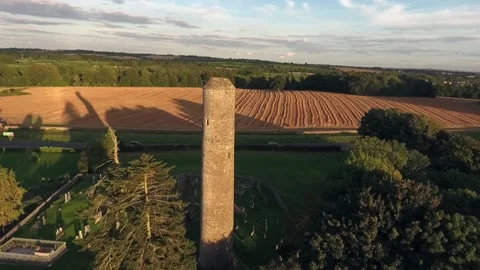 Irish Round Tower Drone Clip, Sunset, Donaghmore, Navan, Co.Meath, HD Stock Footage 171575649
