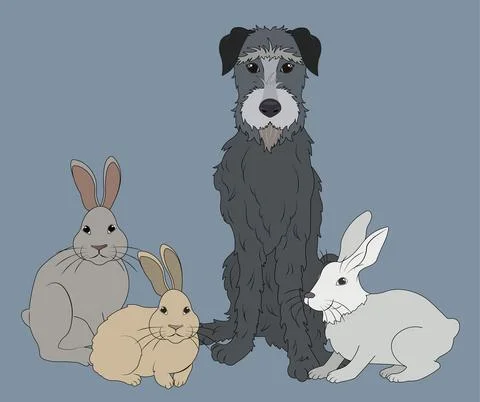Irish wolfhound sitting with three cute rabbits イラスト素材