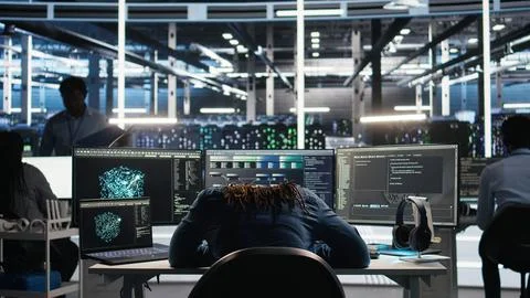 Irked data center IT expert smashing desk, upset by glitching node tree software Stock Photos