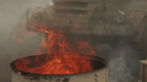 Iron Barrel With Fire Flame Stock Footage 206454995