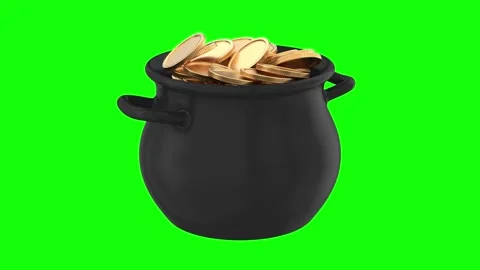 Iron black cauldron full shiny gold coin on green background. Isolated 3D i.. Stock Footage 324840754