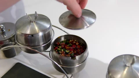 Iron boxes with spices the hand opens Dried spices in an old iron box Stock Footage 322108679