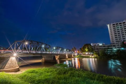 The Iron Bridge Ping river viewpoint  in Chiang Mai, Thailand 스톡 사진