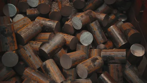 The iron cut billets are in a box at the factory Stock Footage 195098555