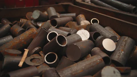 The iron cut billets are in a box at the factory Stock Footage 195098642