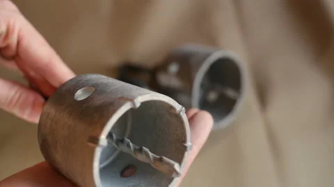 Iron cylindrical core bit for drilling concrete. Contains people, close-UPS, rea Stock Footage 128828882