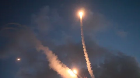 Iron Dome missile intercepts Hamas rocket, night vision shot Stock Footage