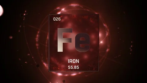Iron as Element 26 of the Periodic Table 3D animation on red background Video stock 119362766