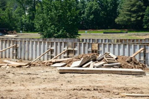 Iron formwork foundations house site steel frame ground metal stee Stock Photos