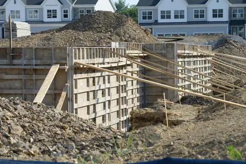 Iron formwork foundations house site steel frame ground metal steel Stock Photos