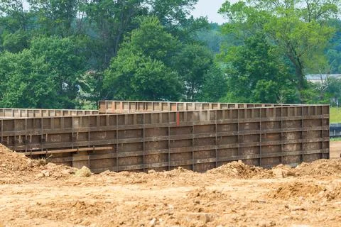 Iron formwork foundations house site steel frame ground metal steel Stock Photos