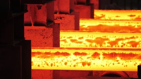 Iron foundry. Continuous casting machine. Steel billet moving Stock Footage 122453542
