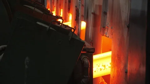 Iron foundry. Continuous casting machine. Steel billet enters the pipeline Stock Footage 122493717