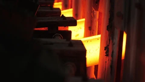 Iron foundry. Continuous casting machine. The output of steel billets Stock Footage 122493867