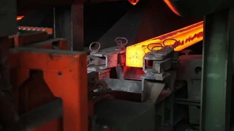 Iron foundry. Continuous casting machine. The output of steel billets Stock Footage 122493878
