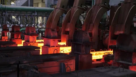 Iron foundry. Continuous casting machine. Production of steel billets Stock Footage 122493883