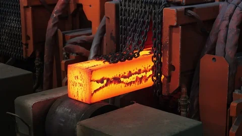 Iron foundry. Continuous casting machine. The exit of steel billets. Stock Footage 122494039