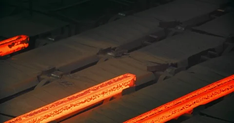 Iron foundry. Continuous casting machine. Steel billet moving through the Stock Footage 124714836