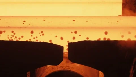 Iron foundry. Continuous casting machine. Steel billet moving through the Stock Footage 201652658