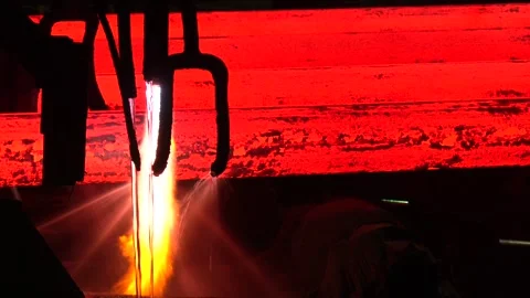 Iron foundry. Continuous casting machine. Production of steel billets Stock Footage 256484671