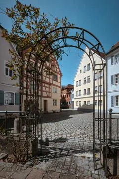 Iron gate in the shape of an arch with plants growing on it in the old town of Stock Photos