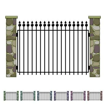 Iron gate with stone pillars providing security Stock Illustration
