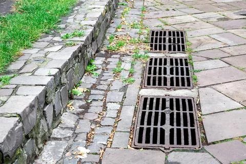 The iron grate of the drainage system hatch on footpath paved with paving. Stock Photos