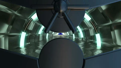 Iron hatch opens panoramic view to the spaceship landscape scene. 3d abstract ba Stock Footage 111277053
