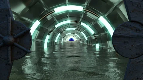 Iron hatch opens panoramic view to the spaceship landscape scene. 3d abstract ba Stock Footage 111277104